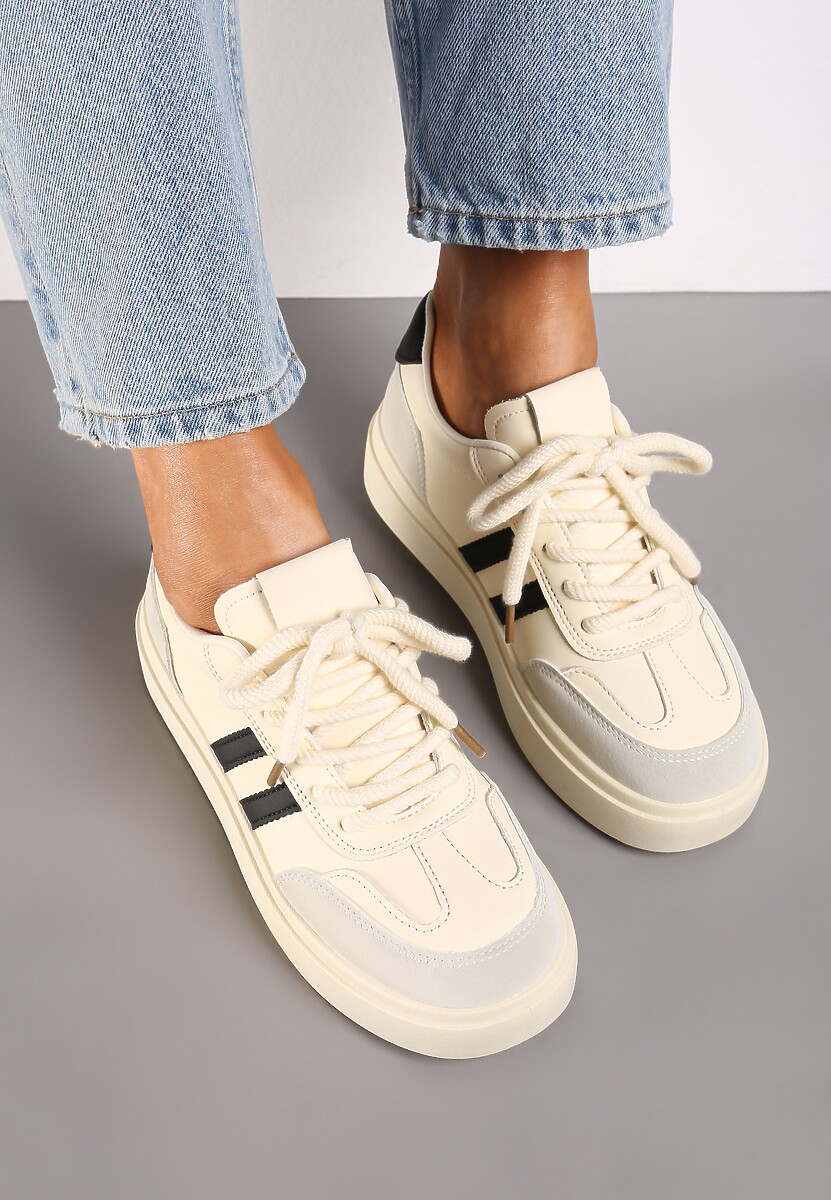 Beżowo-Czarne Sznurowane Sneakersy na Platformie Ozdobione Paskami Tialise