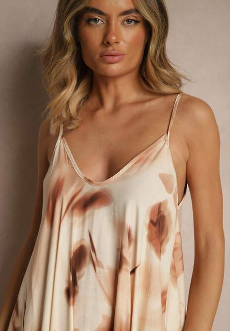 Beżowa Sukienka z Wiskozy Ozdobiona Abstrakcyjnym Wzorem Nilluna