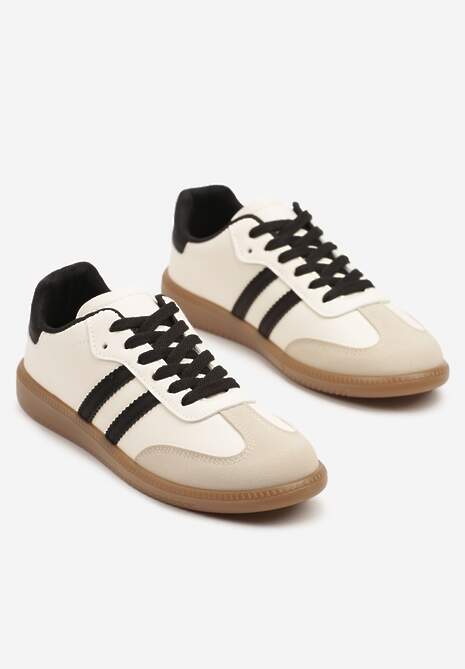 Beżowo-Czarne Casualowe Sneakersy na Płaskiej Podeszwie z Paskami Jereria