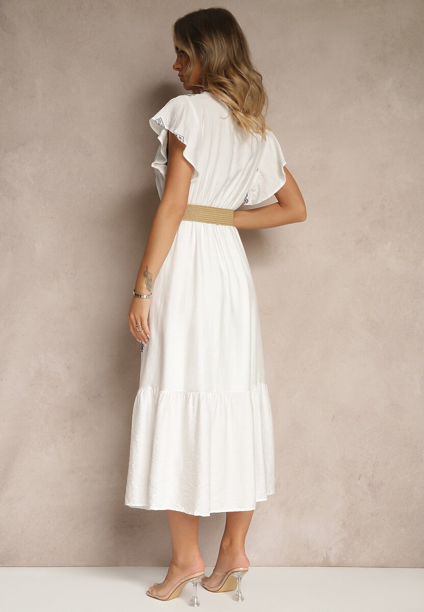 Biało-Niebieska Sukienka z Wiskozy Ozdobiona Paskiem i Haftem Nilorelle