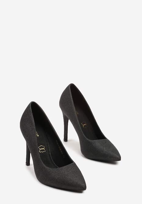 Czarne Szpilki na Obcasie Vices z Wkładką ze Skóry Naturalnej Zdobione Brokatem Resirya