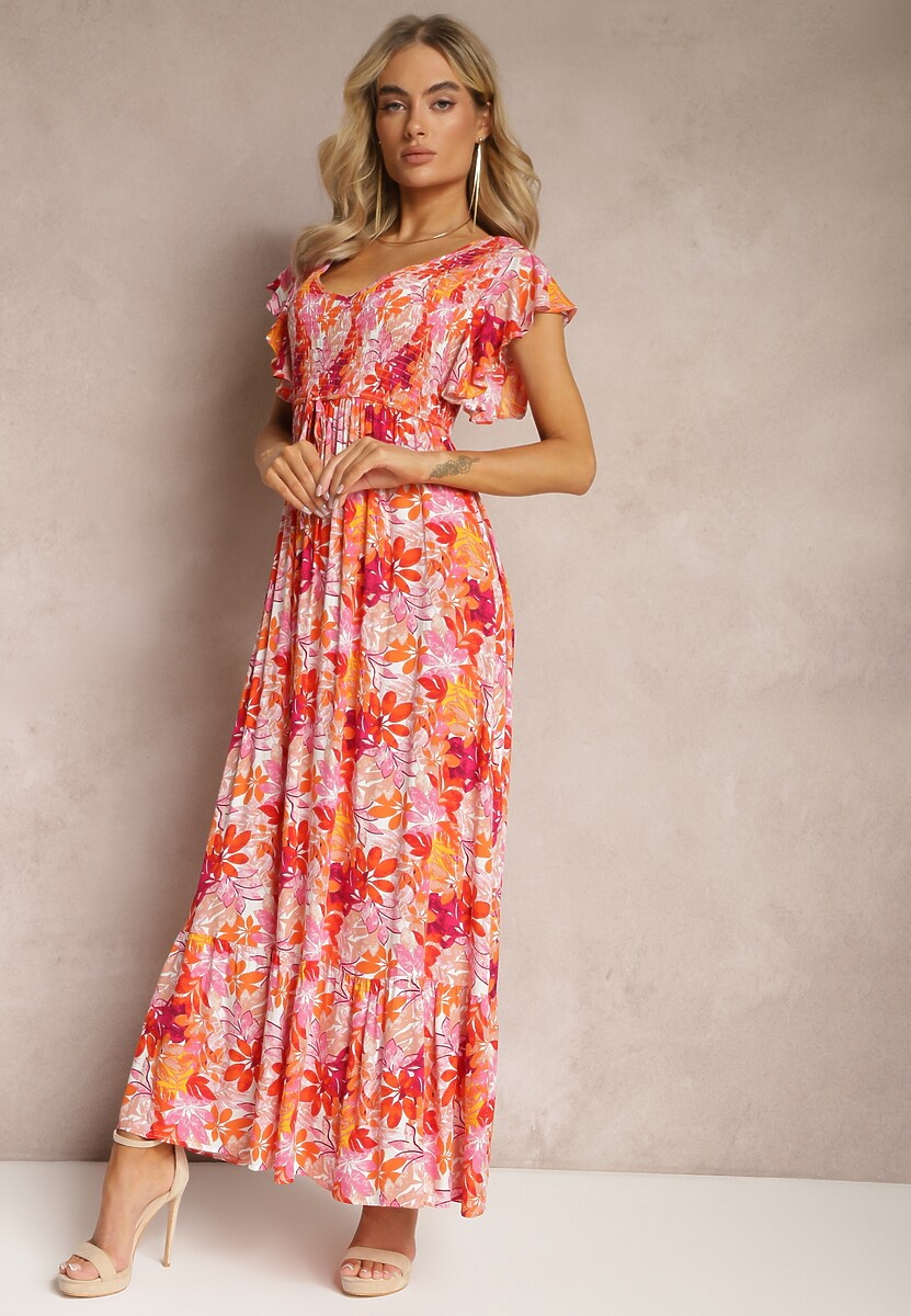 Pomarańczowa Długa Sukienka w Kwiaty z Gumką w Pasie Liumbia