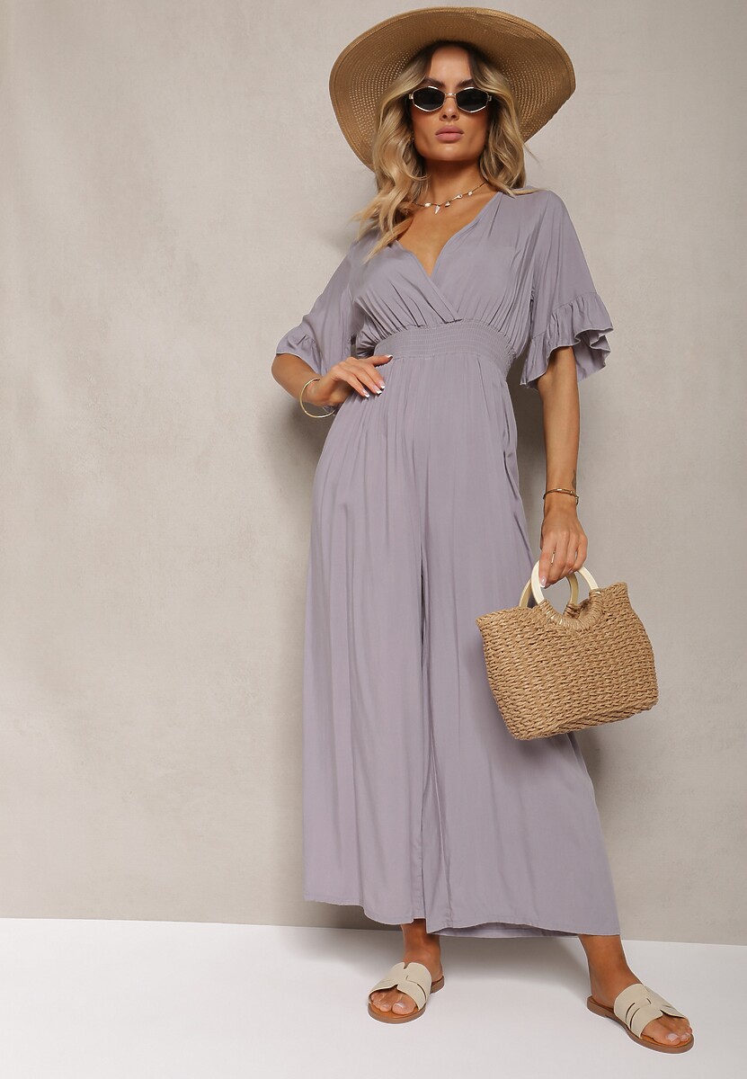 Szary Kombinezon z Bawełny z Gumką w Talii i Dekoltem w Szpic Tesaoona