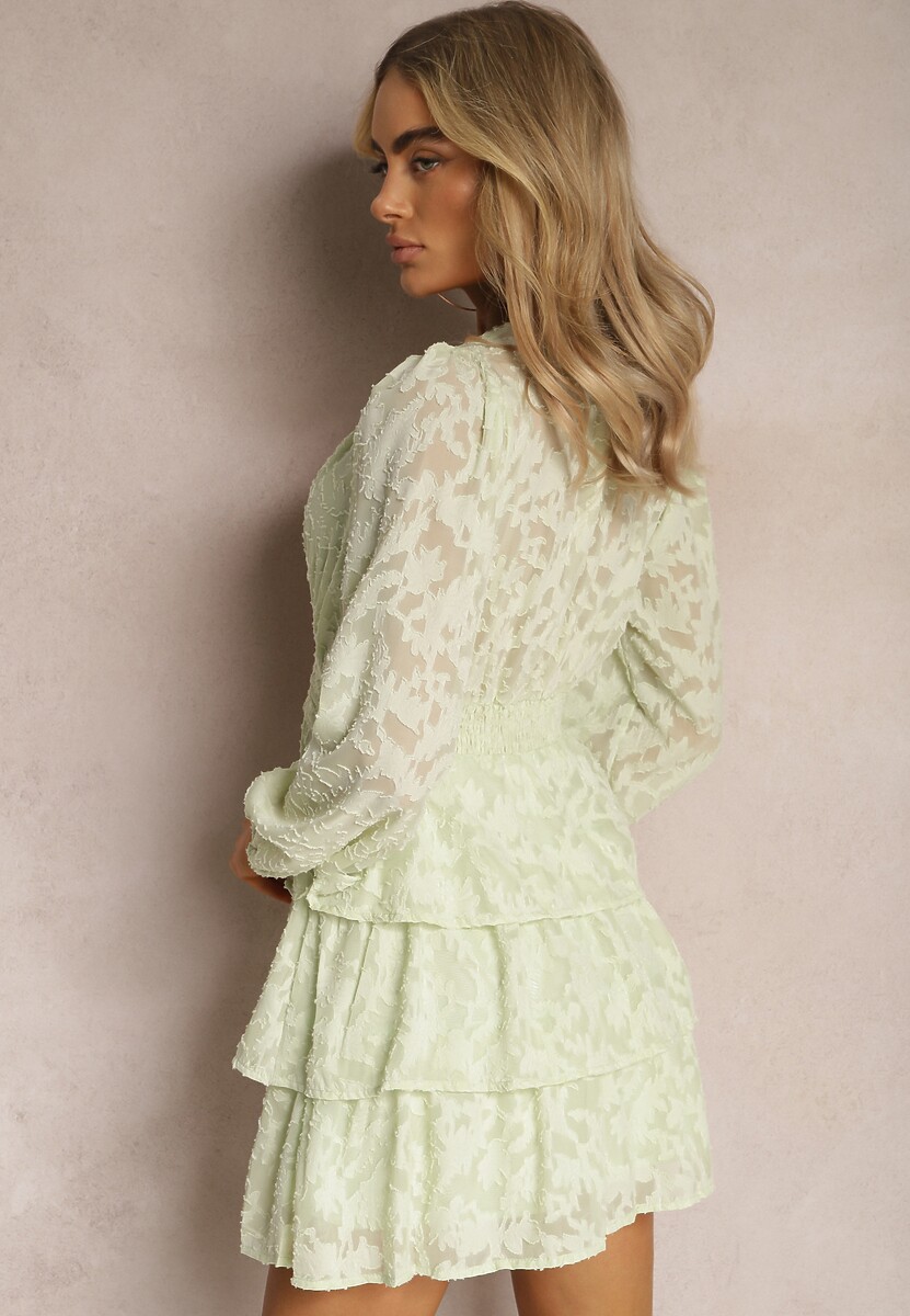 Jasnozielona Mini Sukienka o Rozkloszowanym Kroju z Falbankami i Marszczeniami Sealine