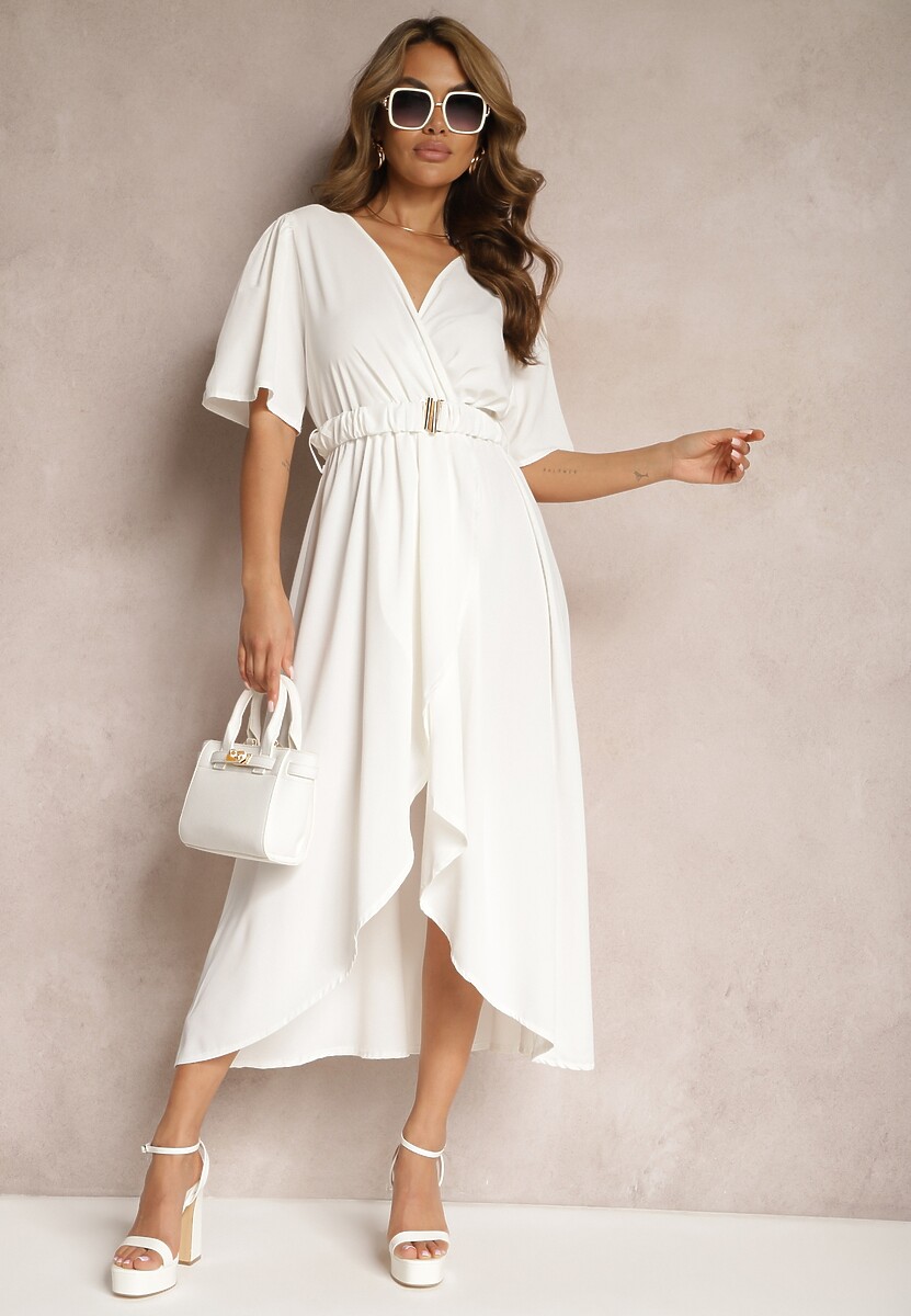 Biała Sukienka o Kopertowym Kroju z Marszczoną Gumką i Paskiem w Talii Dariane