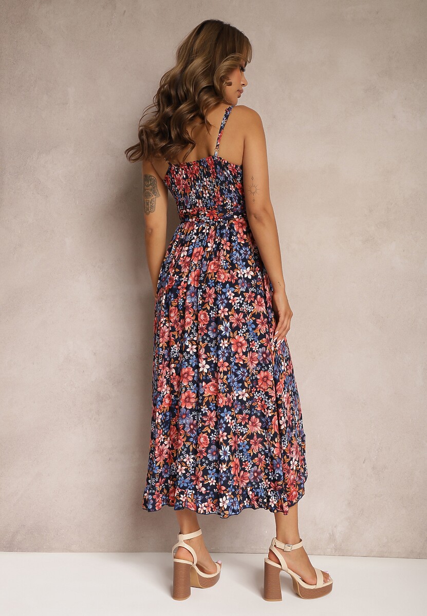 Granatowa Kopertowa Sukienka z Bawełny w Kwiaty na Ramiączkach Rissanda