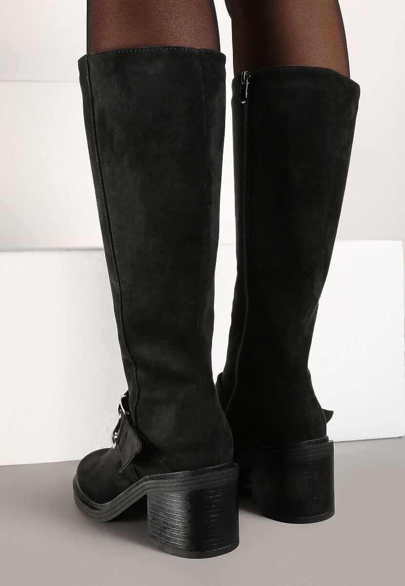 Czarne Kozaki Vices na Słupku z Ozdobną Klamrą i Ociepleniem Moriti