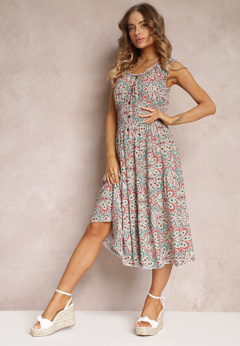 Czerwono-Zielona Kwiecista Sukienka Midi z Cienkimi Gumkami w Talii i Falbankami Jallia