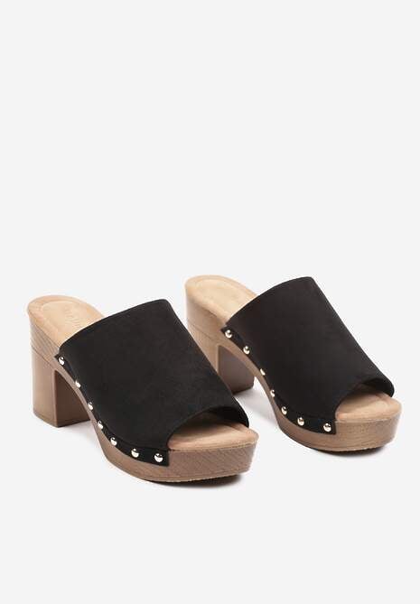 Czarne Klapki z Imitacji Skóry na Słupku i Platformie Ozdobione Nitami Joralea