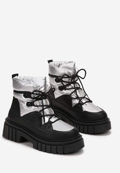 Czarno-Srebrne Sznurowane Śniegowce na Masywnej Podeszwie Pervenna
