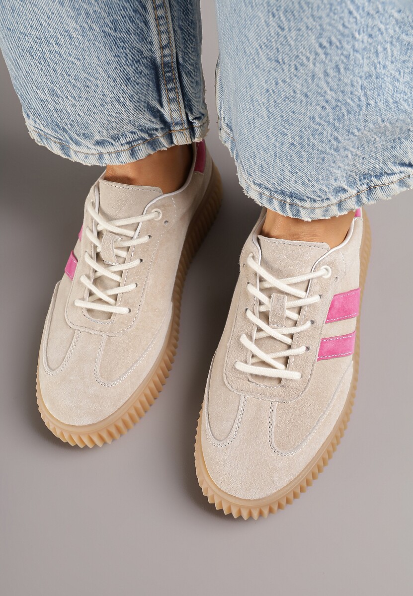 Beżowo-Fuksjowe Zamszowe Sneakersy Tenisówki z Wkładką ze Skóry Naturalnej Ozdobione Tłoczeniem Meluella