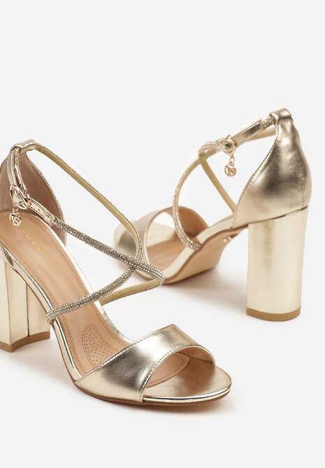 Złote Sandały Vices na Słupku Ozdobione Paskami z Cyrkonii Rovettia