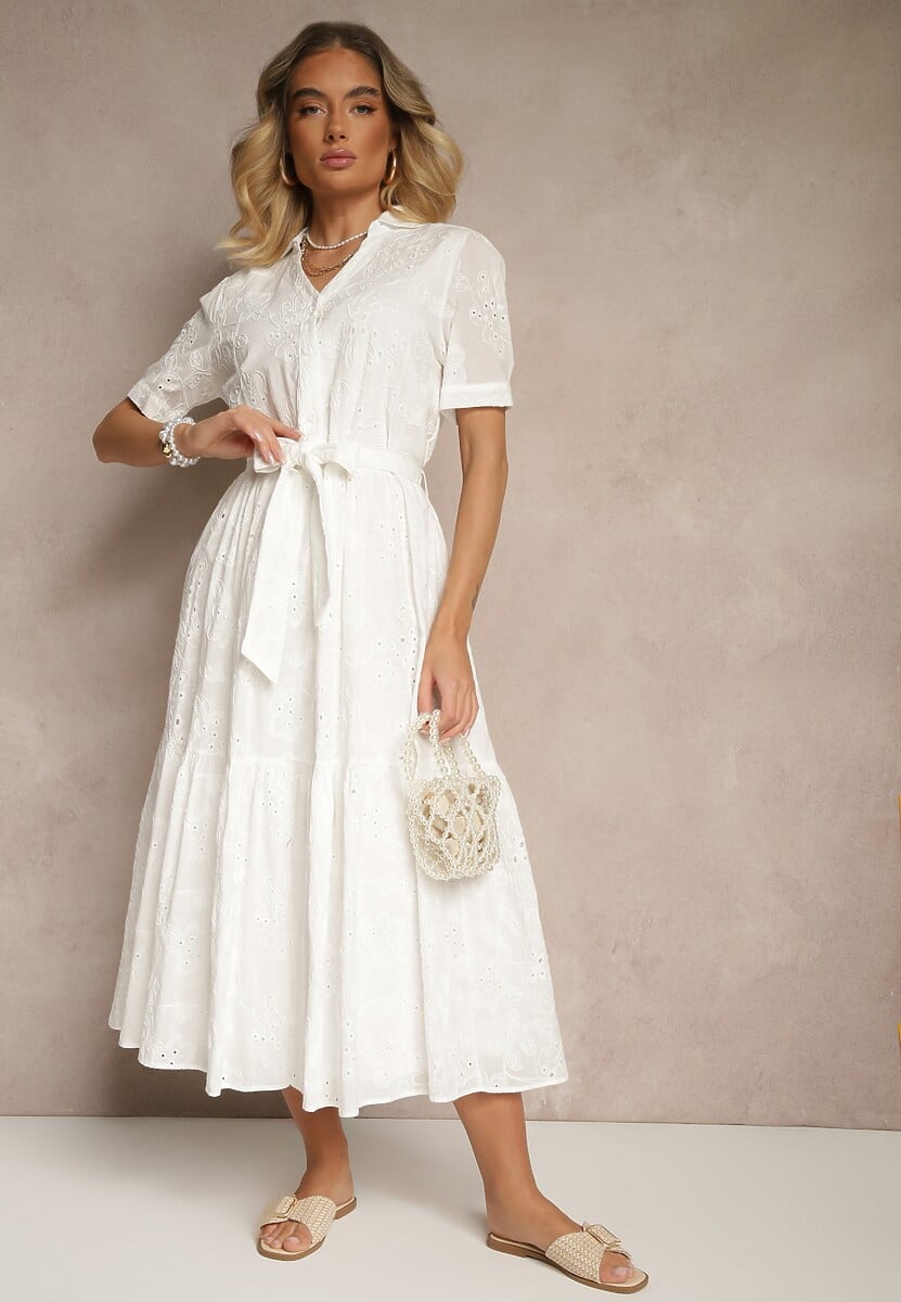 Biała Ażurowa Sukienka z Bawełny Wiązana w Pasie Koszulowa Divanira