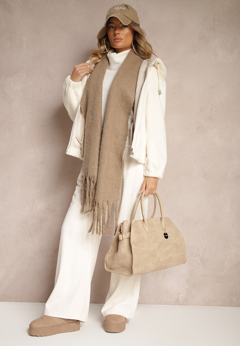 Jasnobeżowa Kurtka Futrzana z Kapturem Ozdobiona Ściągaczami i Sznurkami Tirirra