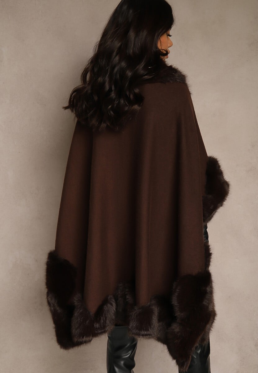 Brązowe Ponczo z Wiskozą Wełną i Futerkiem Mevicia