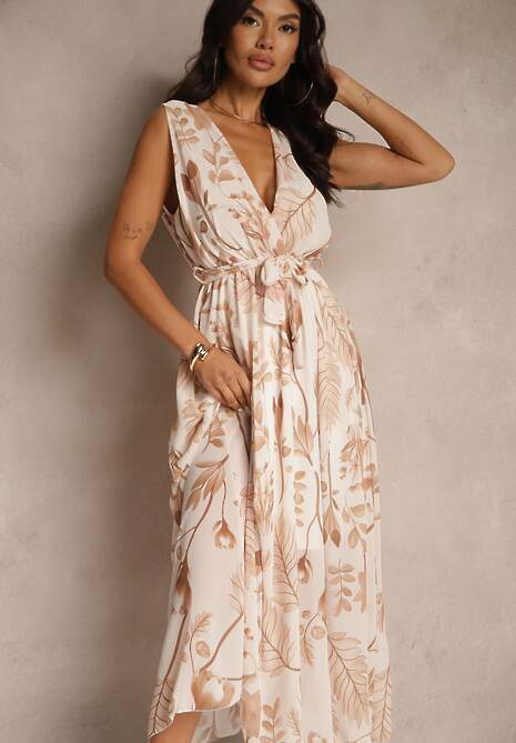 Beżowa Sukienka z Wiskozą z Kopertowym Dekoltem i Wiązanym Paskiem Natisolve