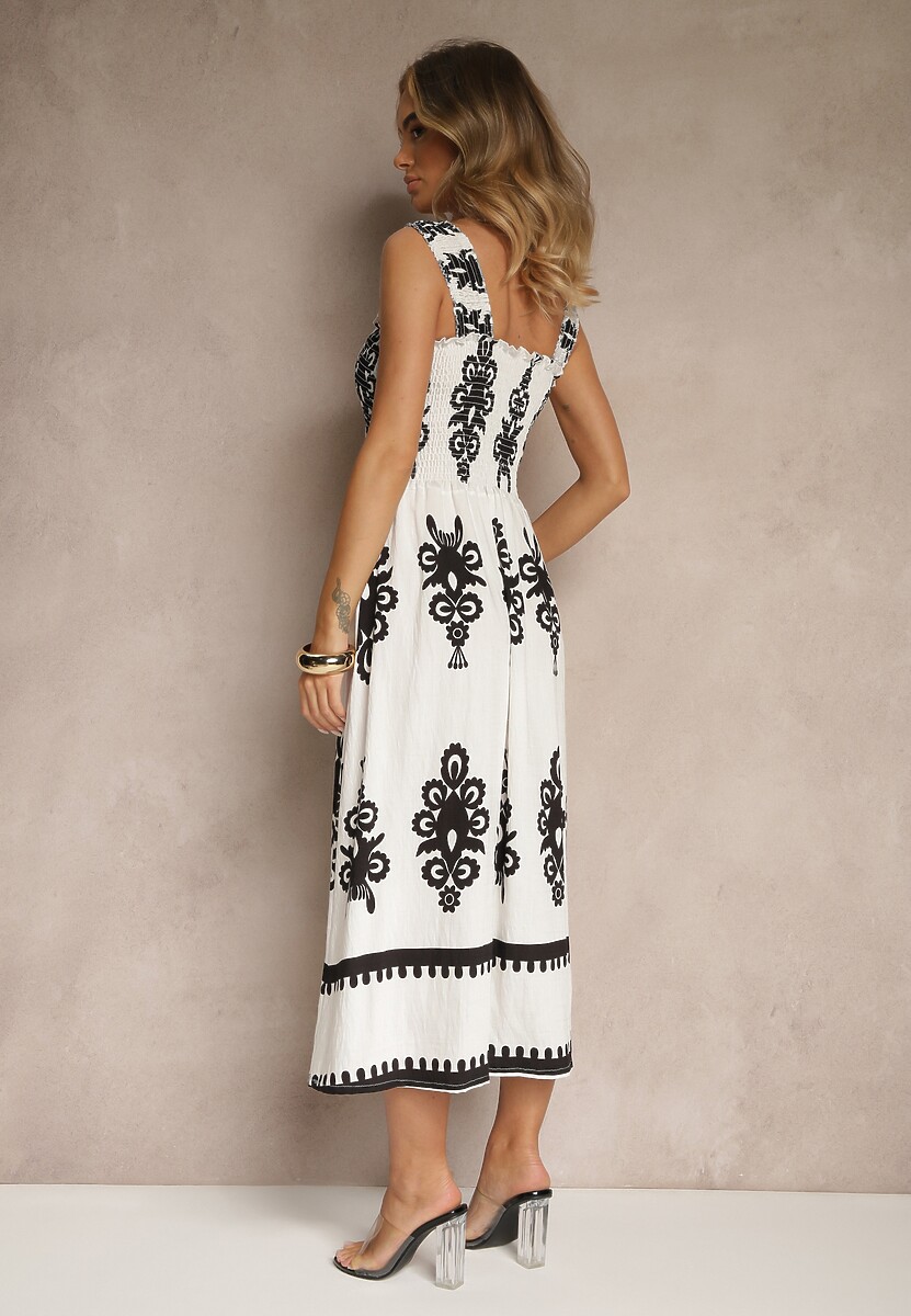 Biała Rozkloszowana Sukienka z Wiskozy z Ornamentnym Motywem Aloxe