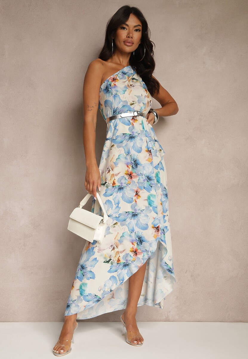 Niebieska Asymetryczna Sukienka z Wiskozy w Kwiaty Linive