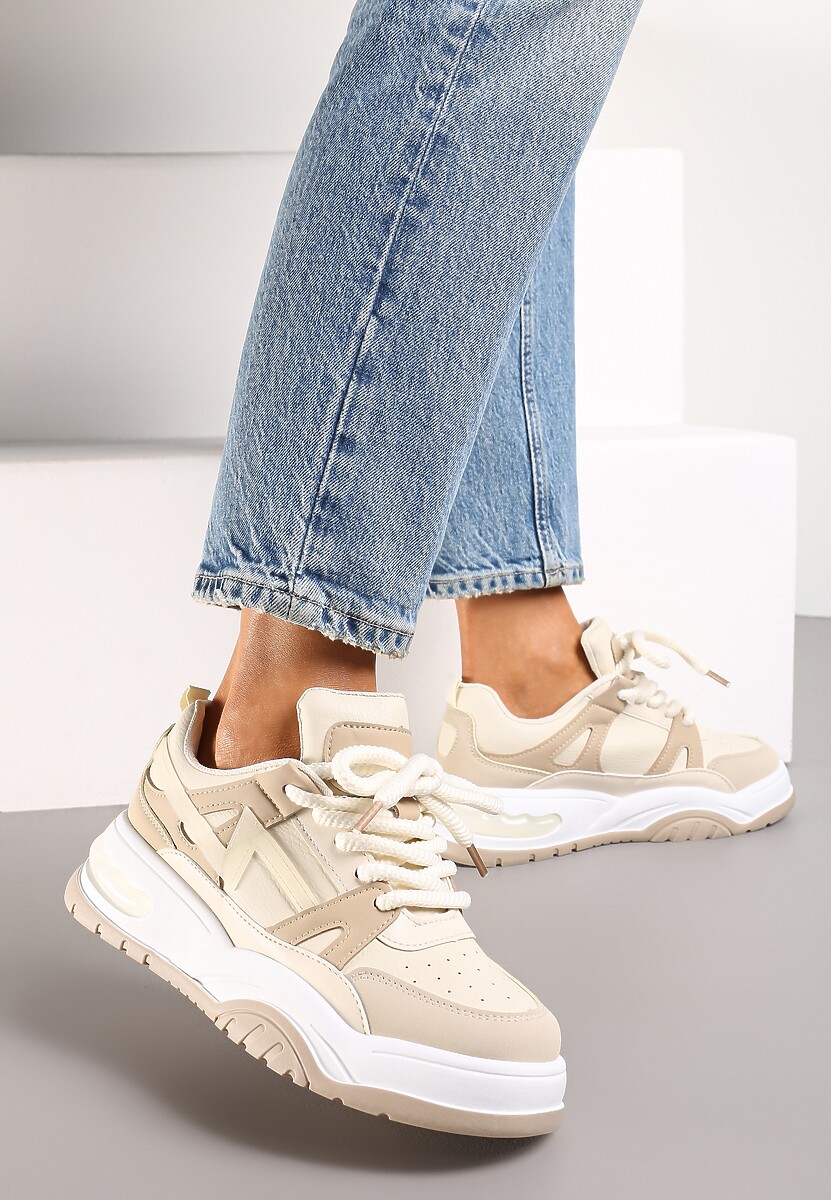 Beżowe Sneakersy na Grubej Podeszwie z Szerokim Wiązaniem Iniestra