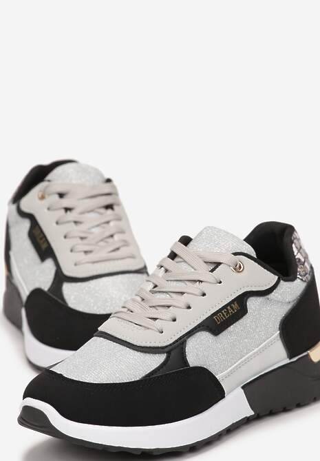 Srebrno-Czarne Sneakersy Brokatowe z Metaliczną Wstawką Kemanne