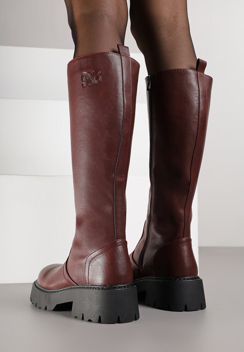 Bordowe Kozaki VICES na Platformie z Tłoczonym Zdobieniem przy Cholewce Uniresa