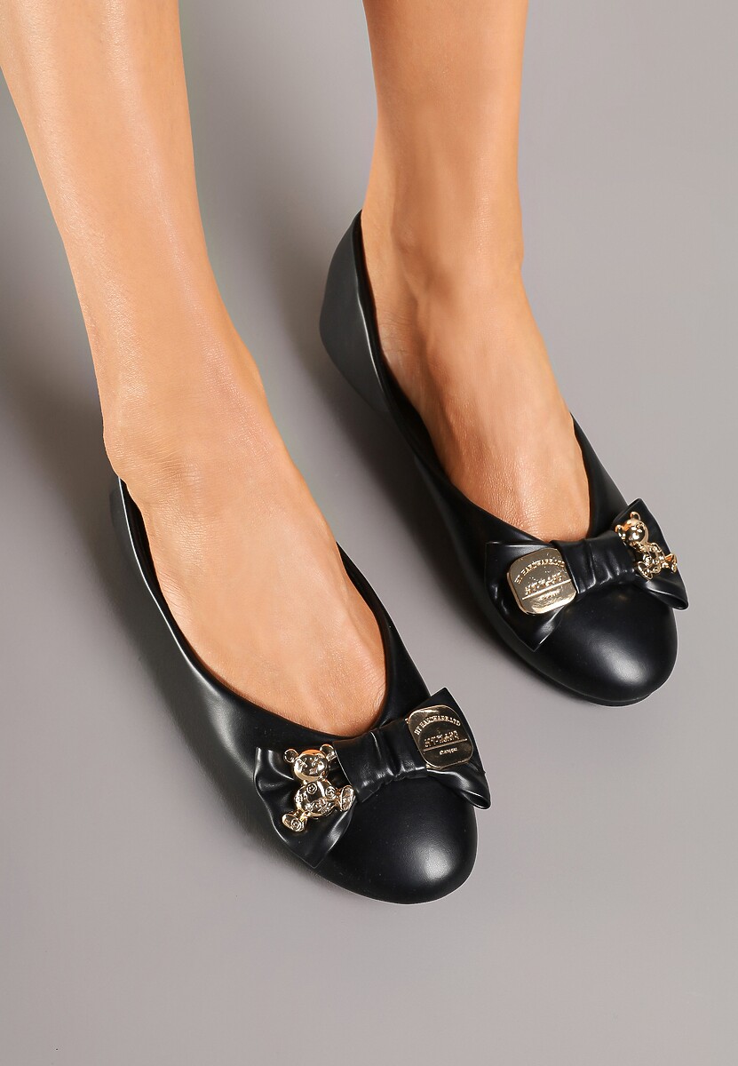 Czarne Płaskie Balerinki Ozdobione Misiem i Kokardą Worevelis