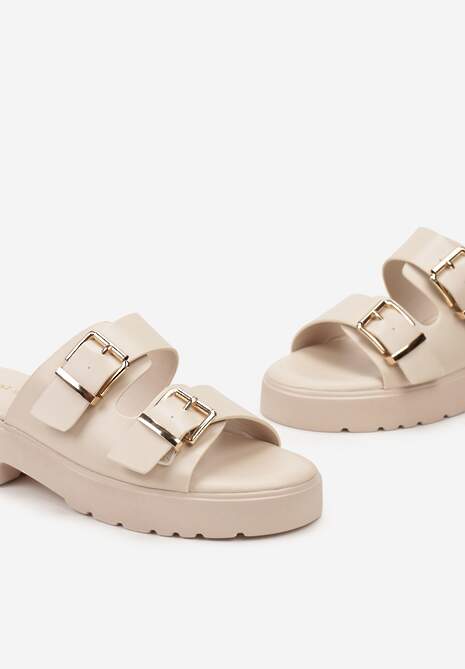 Beżowe Klapki z Dwoma Regulowanymi Paskami i Grubą Podeszwą Mistafa