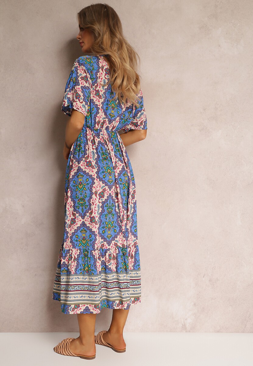 Niebieska Wiskozowa Sukienka Maxi z Gumką w Pasie i Falbanką Cophine