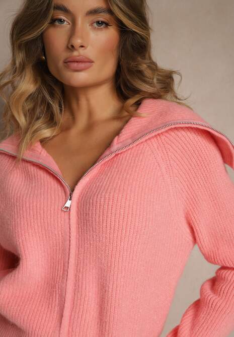 Różowy Kardigan z Wełną o Kroju z Golfem i Zapięciem na Zamek Zinfria