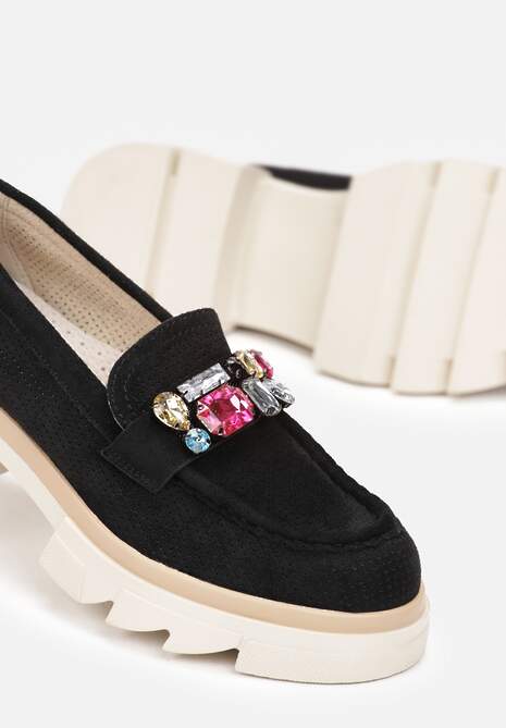 Czarne Mokasyny z Kryształami i Wkładką ze Skóry Naturalnej Zaidy