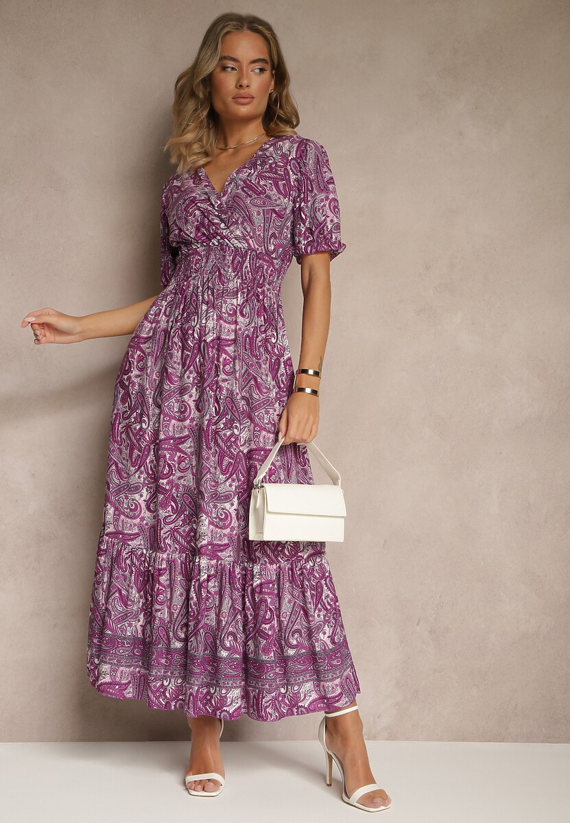 Ciemnoróżowa Rozkloszowana Sukienka z Bawełny Zdobiona Wzorem Paisley Folitea