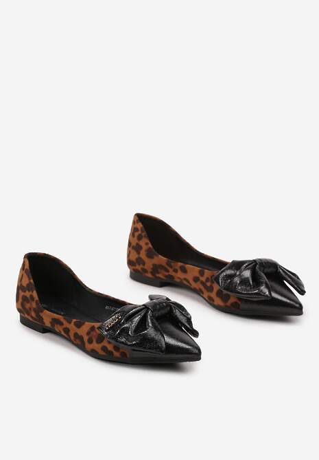 Brązowe Panterkowe Balerinki ze Szpiczastym Noskiem i Aplikacją z Kokardą Eleariva