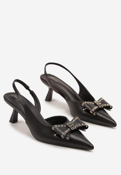 Czarne Czółenka Sandały Vices na Kaczuszce Slingback z Kokardą i Nitami Fennadia