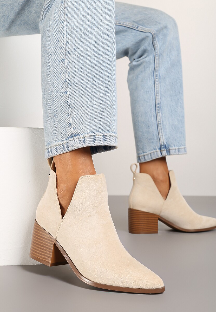 Beżowe Botki na Słupku Vices Ozdobione Wycięciem Annavin