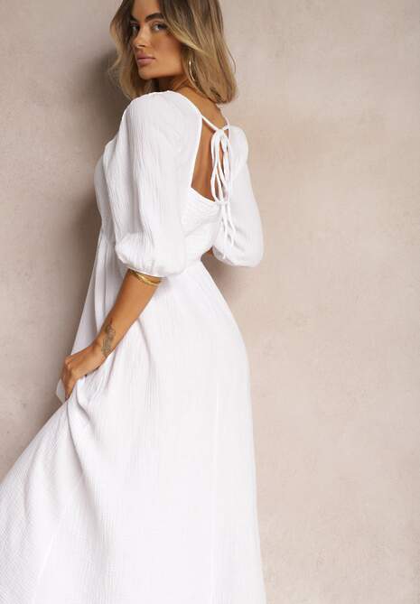 Biała Sukienka z Bawełny Ozdobiona Wiązaniem i Gumką w Pasie Wlarina