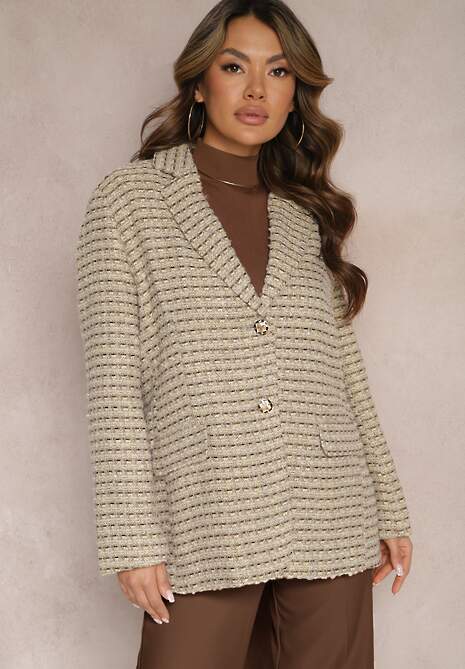 Szaro-Beżowa Tweedowa Marynarka Jednorzędowa z Ozdobnymi Guzikami Arielitta