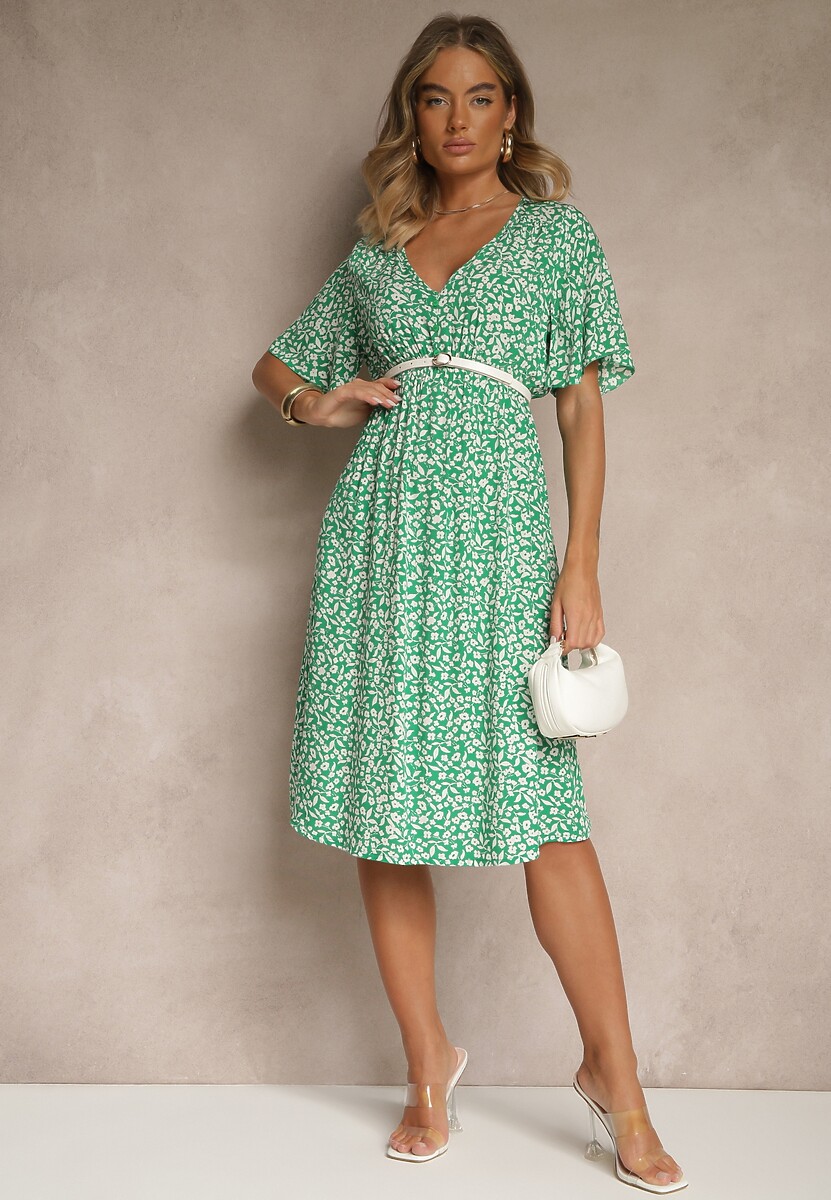 Zielona Rozkloszowana Sukienka z Bawełny Zdobiona Kwiatowym Printem Arirelle