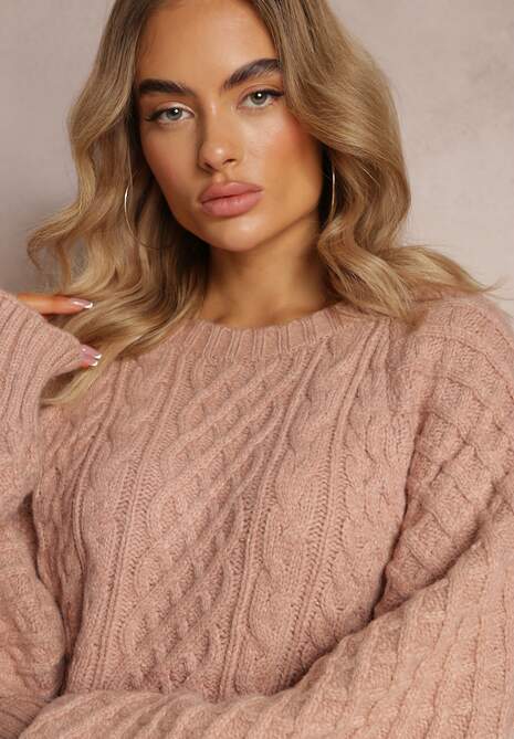 Różowy Długi Sweter Ozdobiony Drobnym Splotem Killoe