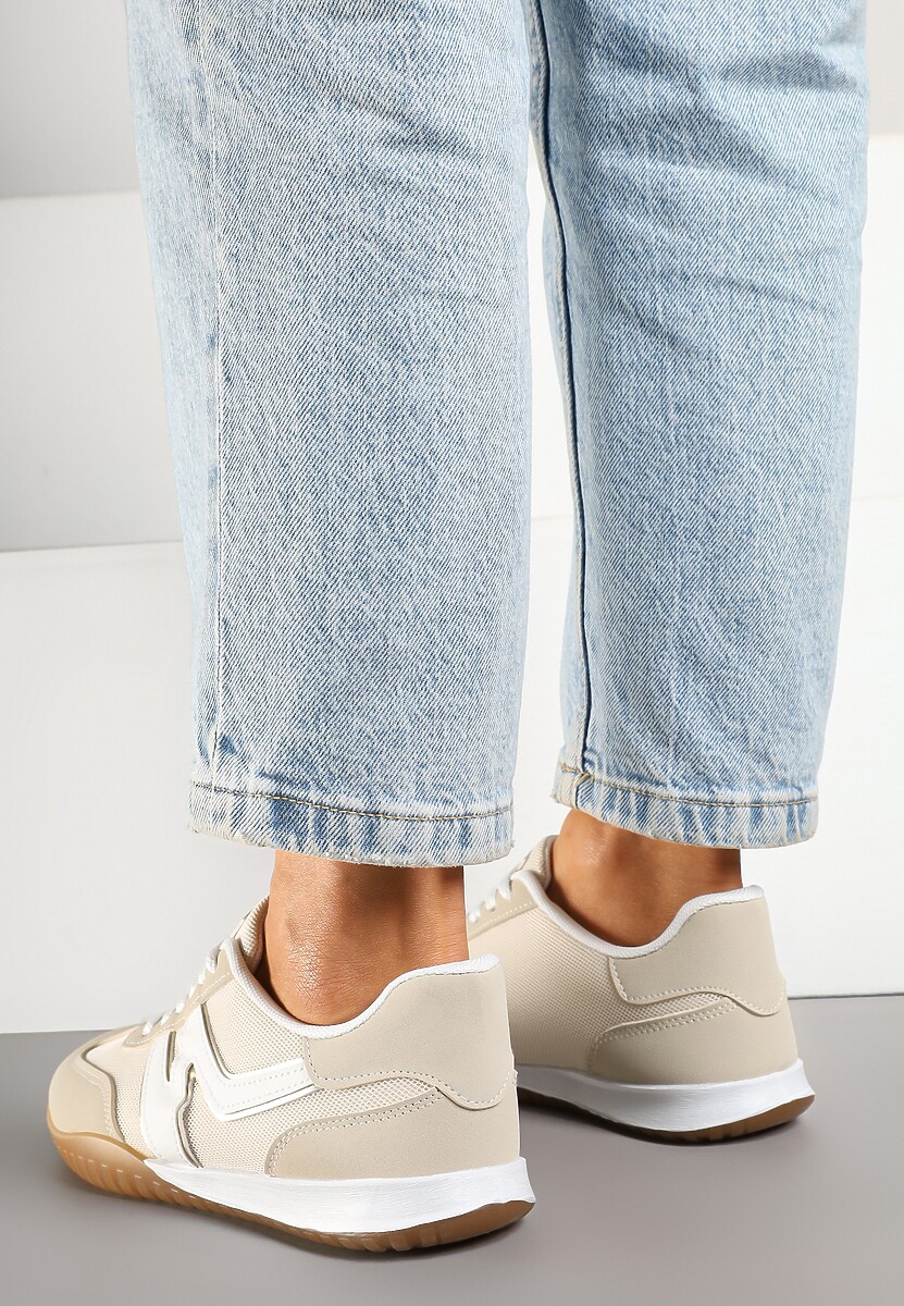 Beżowe Sneakersy Typu Klasyczne Tenisówki Zdobione Przeszyciami Elanioria