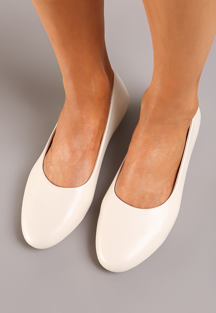 Beżowe Płaskie Balerinki z Imitacji Skóry Wsuwane z Okrągłym Noskiem  Jemenna