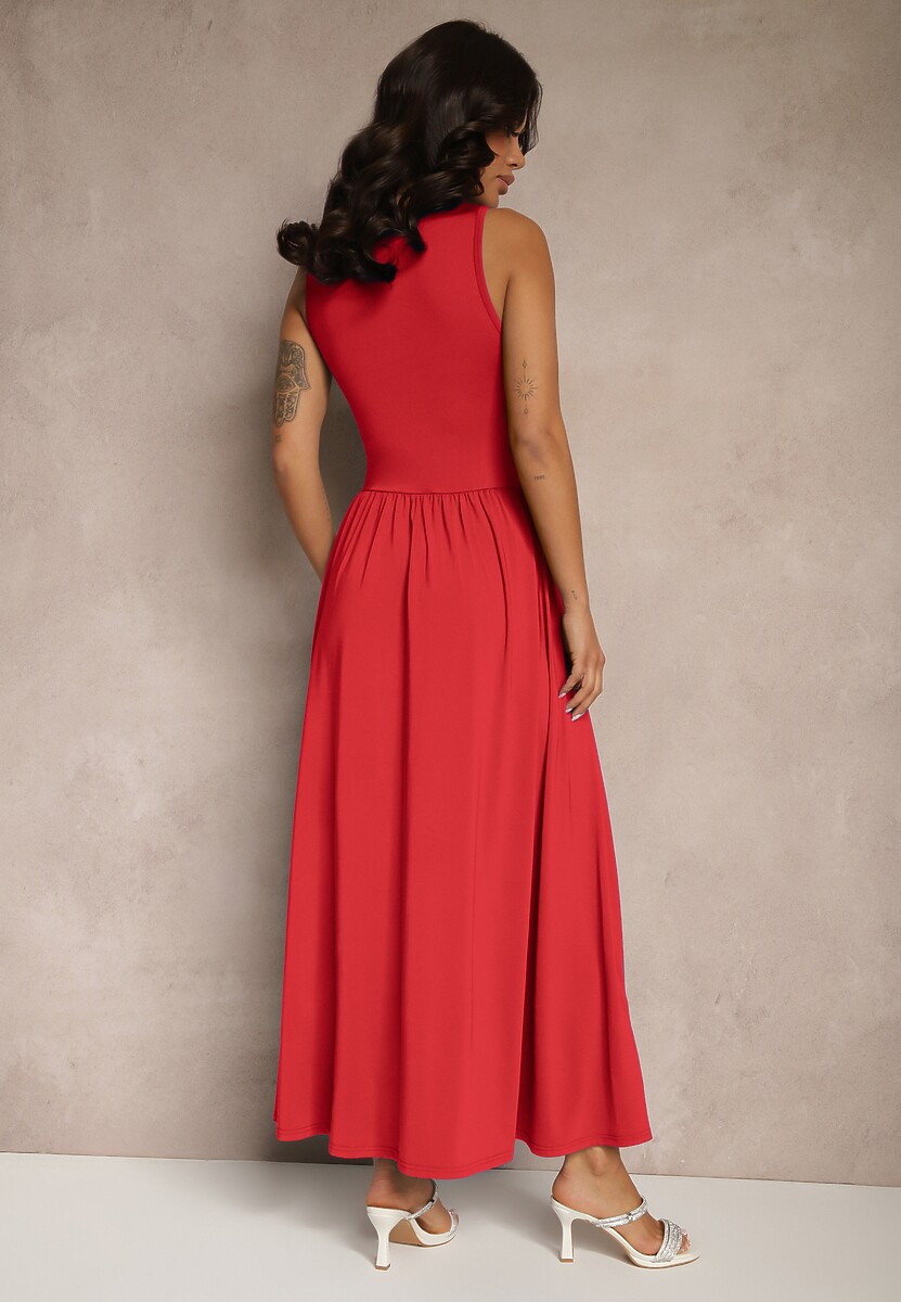 Czerwona Rozkloszowana Sukienka z Wiskozą i Kwadratowym Dekoltem Ravvia