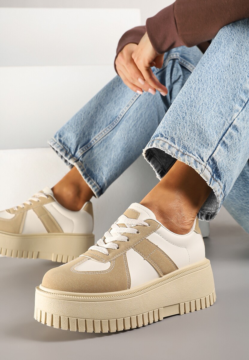 Ciemnobeżowe Sneakersy na Platformie Ozdobione Paskiem Vivesse