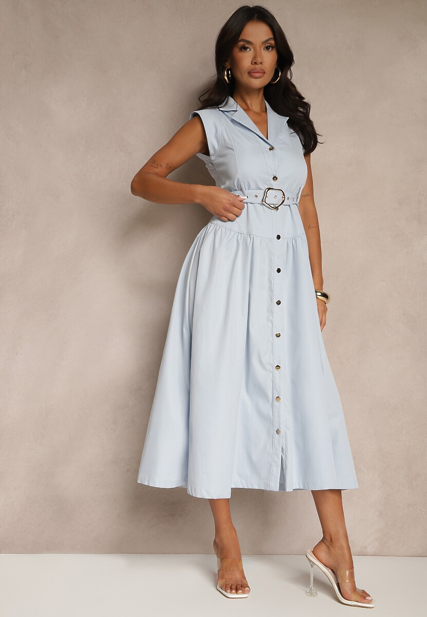 Niebieska Koszulowa Sukienka z Ozdobnym Paskiem Deviolin