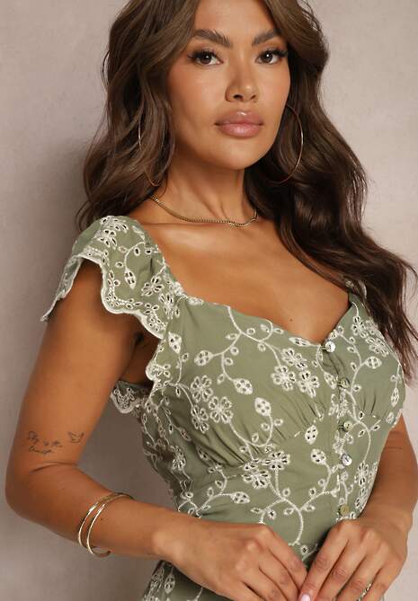 Zielona Taliowana Sukienka z Wiskozy z Hiszpańskim Dekoltem Ozdobiona Haftem i Guzikami Xironea