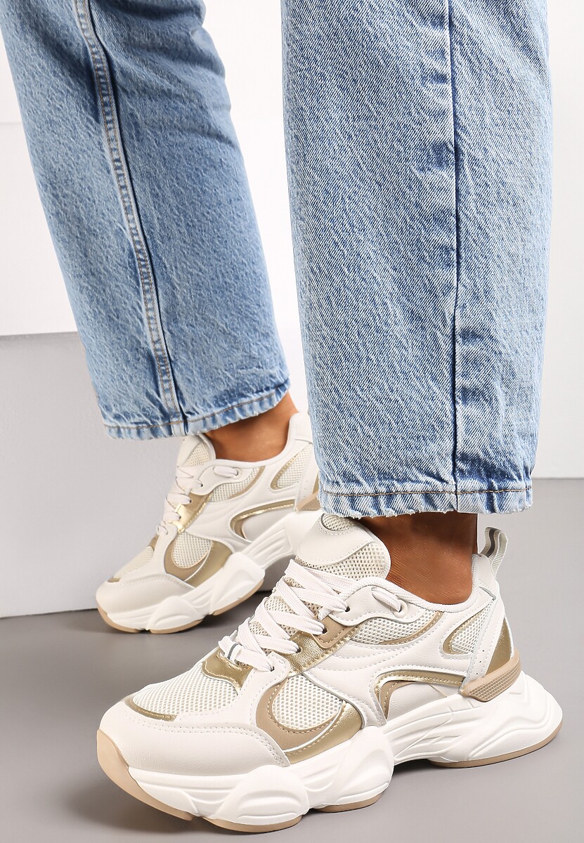 Beżowe Sneakersy ze Wstawkami Metalicznymi i Siateczką na Grubej Podeszwie Riliera