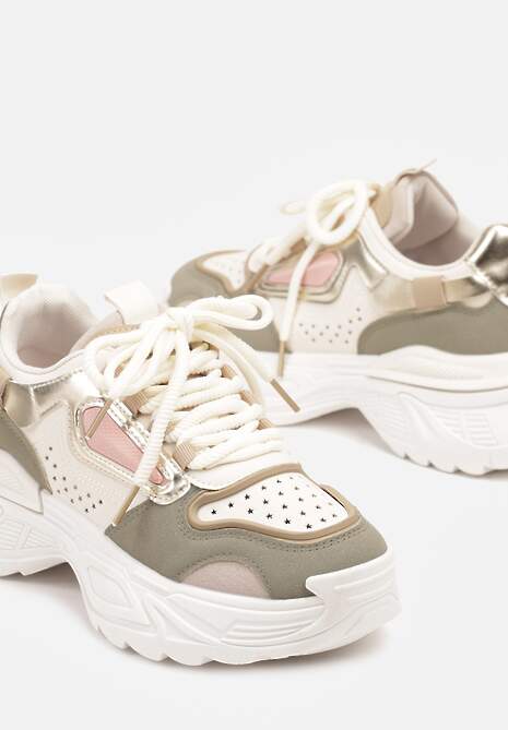 Beżowo-Zielone Sneakersy w Streetwearowym Stylu na Tłoczonej Podeszwie Nelasea
