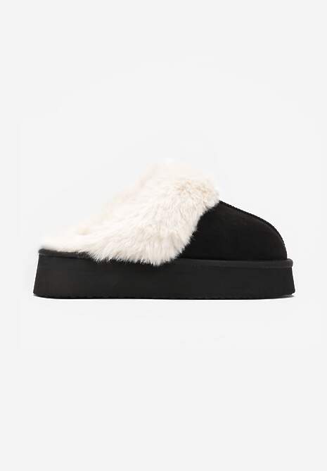 Czarne Kapcie z Imitacji Zamszu na Platformie z Futerkiem i Pionowym Przeszyciem Silvara