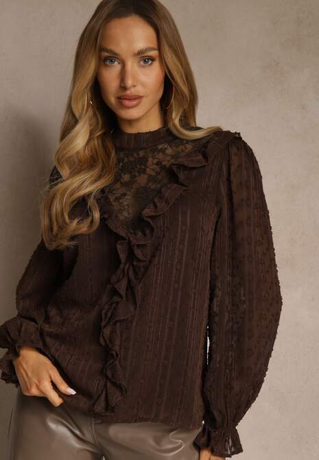 Brązowa Bluzka z Koronką i Falbankami Zdobiona Metalicznymi Przeszyciami Aliafera
