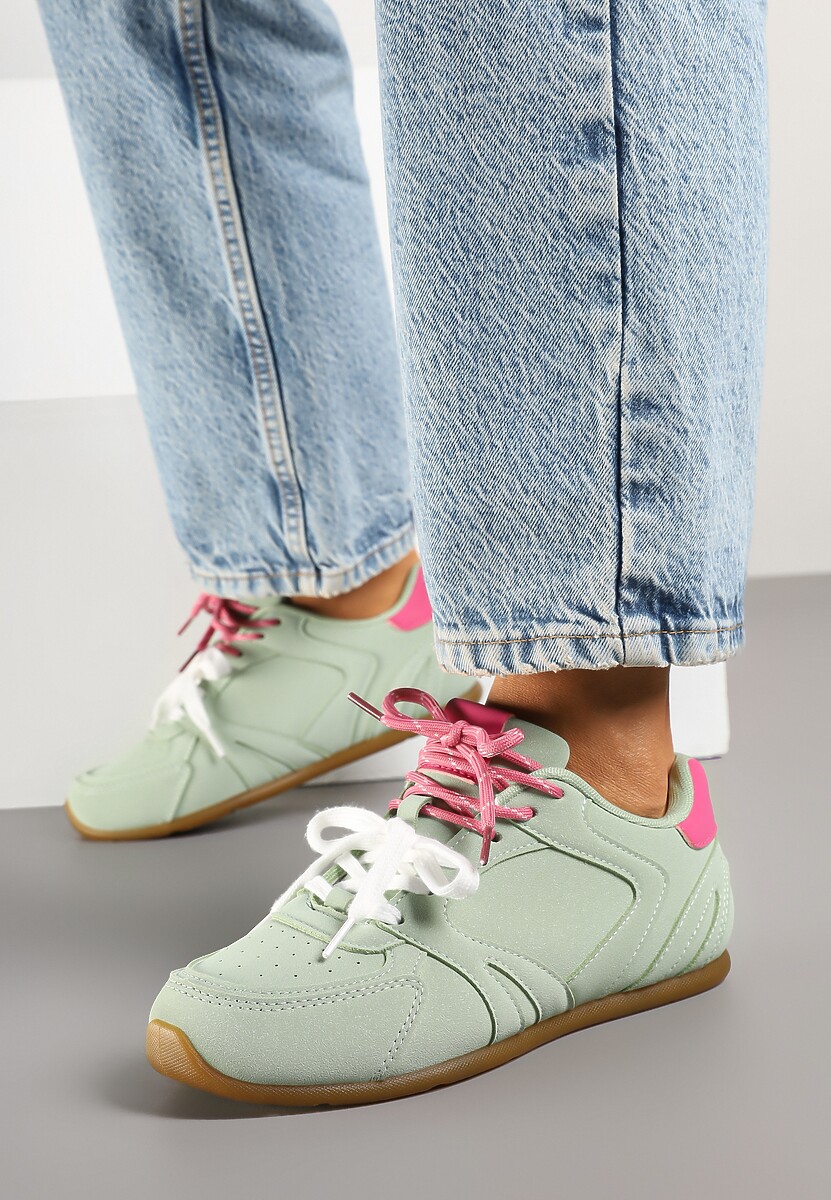 Jasnozielone Sneakersy Ozdobione Przeszyciami i Podwójnym Sznurowaniem Telisaria