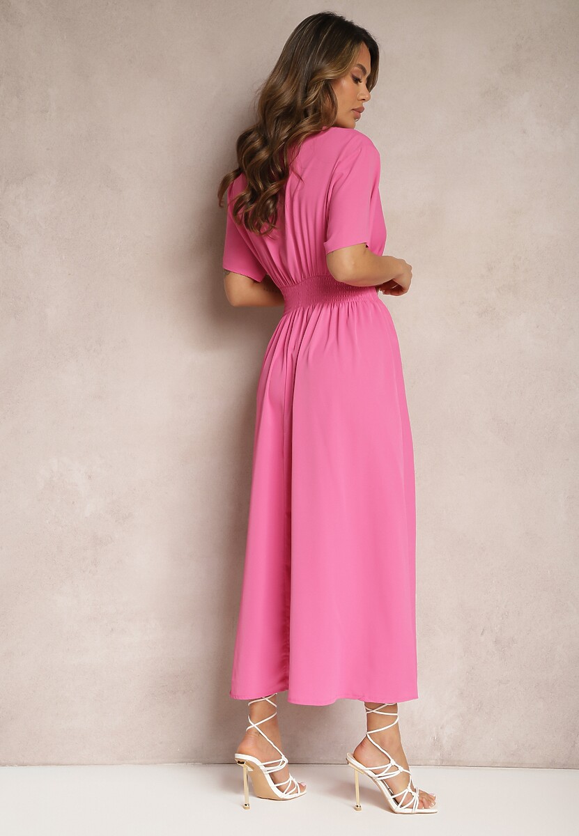 Różowa Rozkloszowana Sukienka Długa o Kopertowym Kroju Alarava